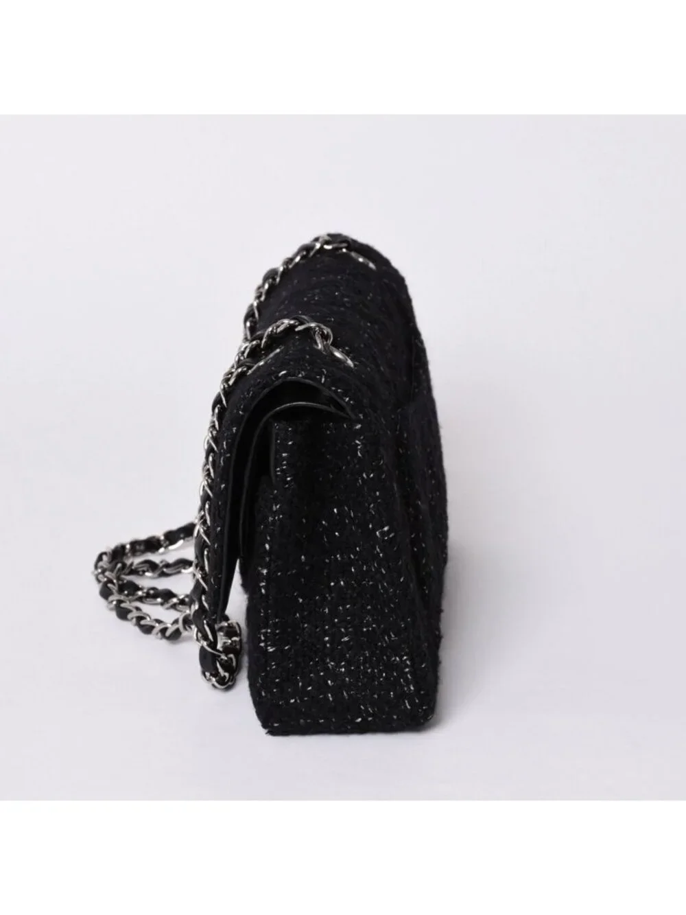 Chanel Quilted 25 Double Flap Chain Shoulder Bag CC Logo Tweed Leather Black